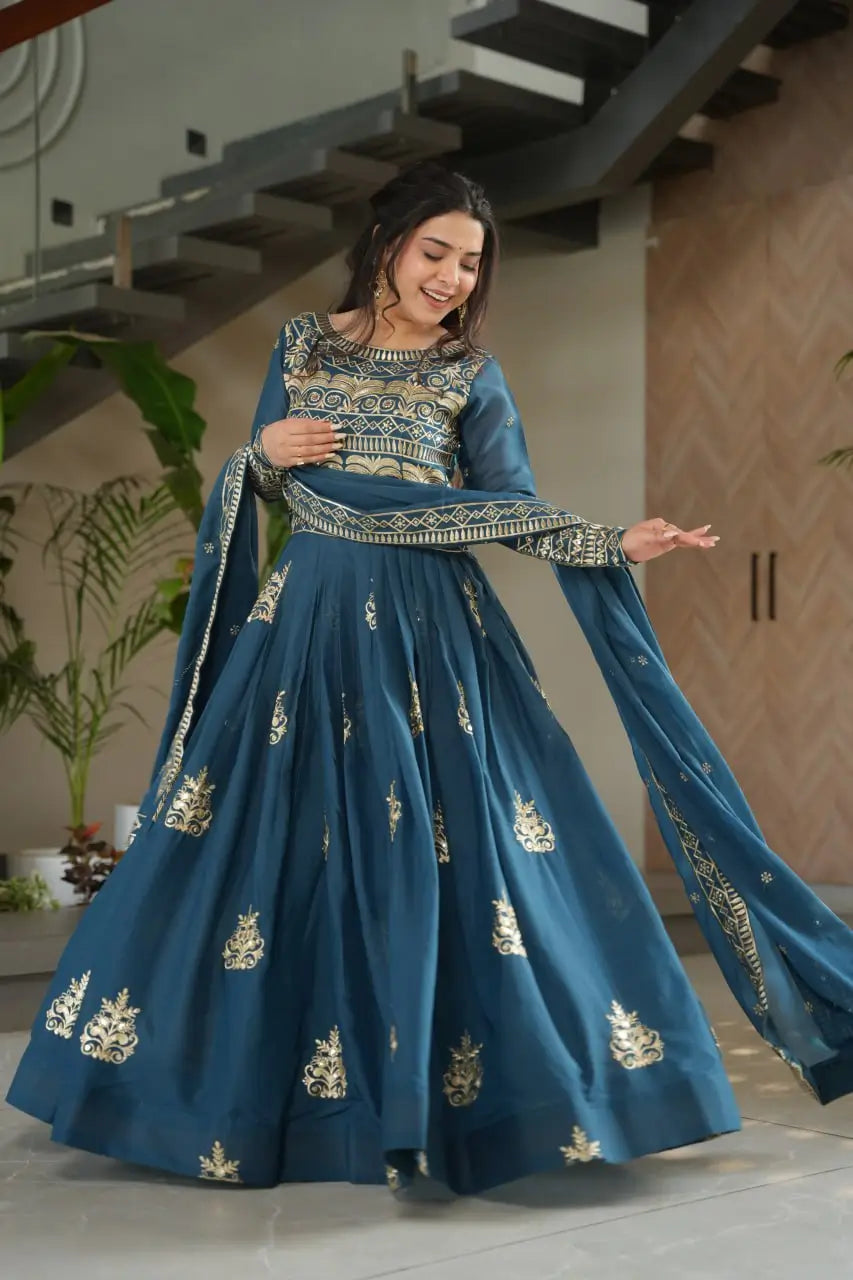 Chinnon Embroidered Gown with Dupatta | 3.5 Mtr Flair | Rama & Purple Party Wear