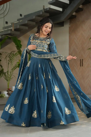 Chinnon Embroidered Gown with Dupatta | 3.5 Mtr Flair | Rama & Purple Party Wear