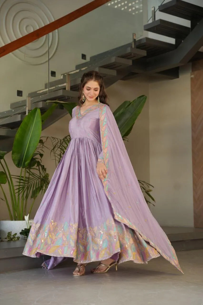 Chinnon Embroidered Gown with Dupatta | Sequins & Multi-Thread Work | Wedding & Festive Wear