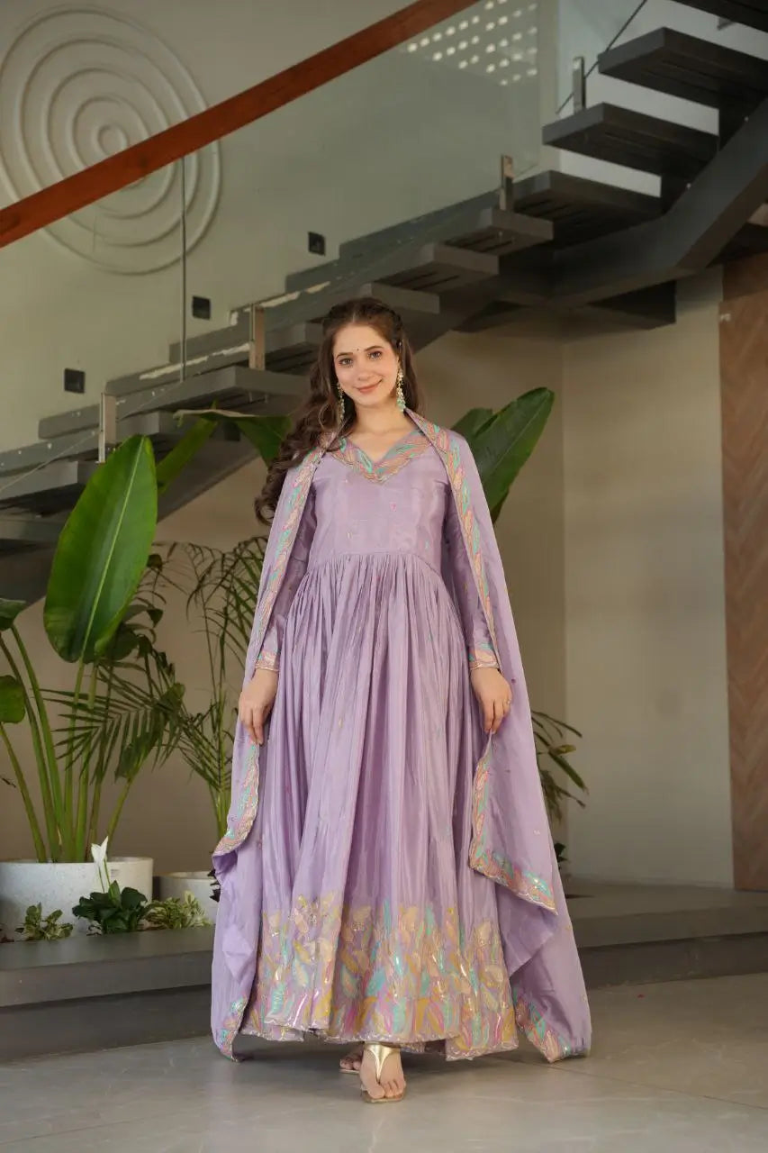 Chinnon Embroidered Gown with Dupatta | Sequins & Multi-Thread Work | Wedding & Festive Wear