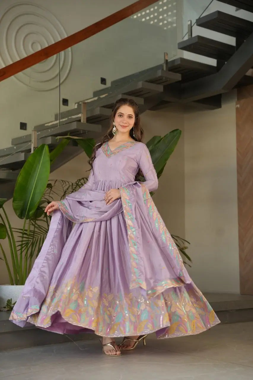 Chinnon Embroidered Gown with Dupatta | Sequins & Multi-Thread Work | Wedding & Festive Wear