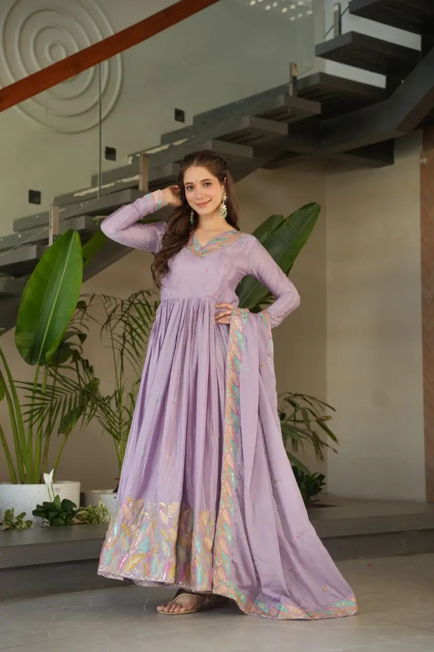Chinnon Embroidered Gown with Dupatta | Sequins & Multi-Thread Work | Wedding & Festive Wear