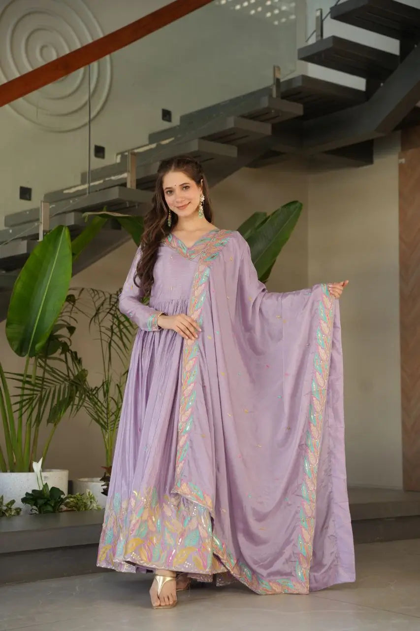 Chinnon Embroidered Gown with Dupatta | Sequins & Multi-Thread Work | Wedding & Festive Wear
