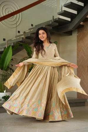 Chinnon Embroidered Gown with Dupatta | Sequins & Multi-Thread Work | Wedding & Festive Wear