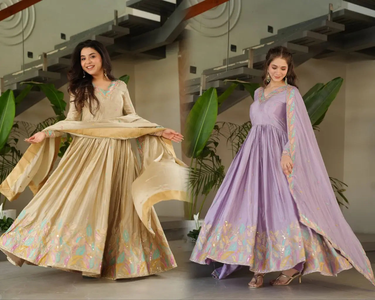Chinnon Embroidered Gown with Dupatta | Sequins & Multi-Thread Work | Wedding & Festive Wear