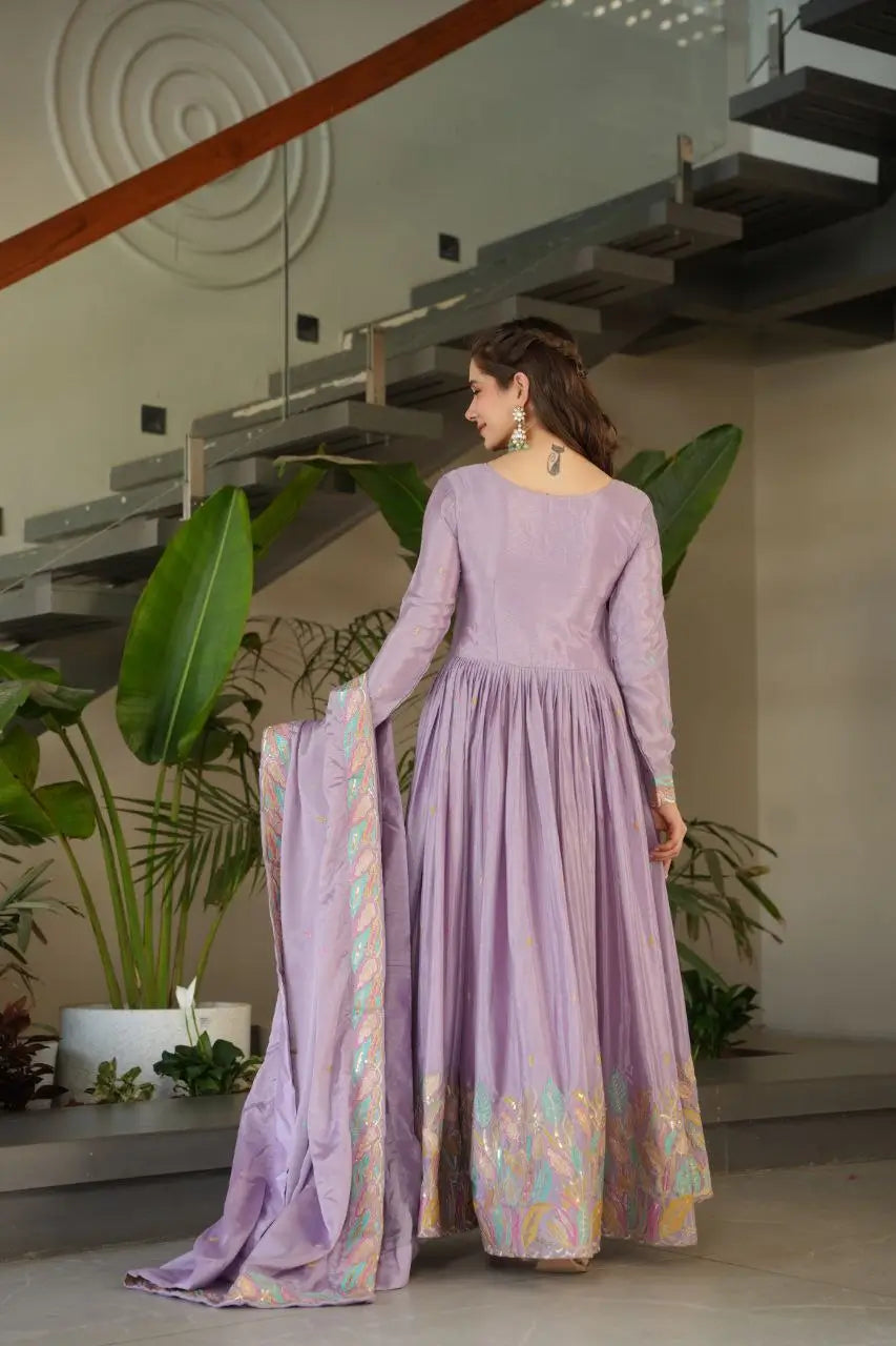 Chinnon Embroidered Gown with Dupatta | Sequins & Multi-Thread Work | Wedding & Festive Wear