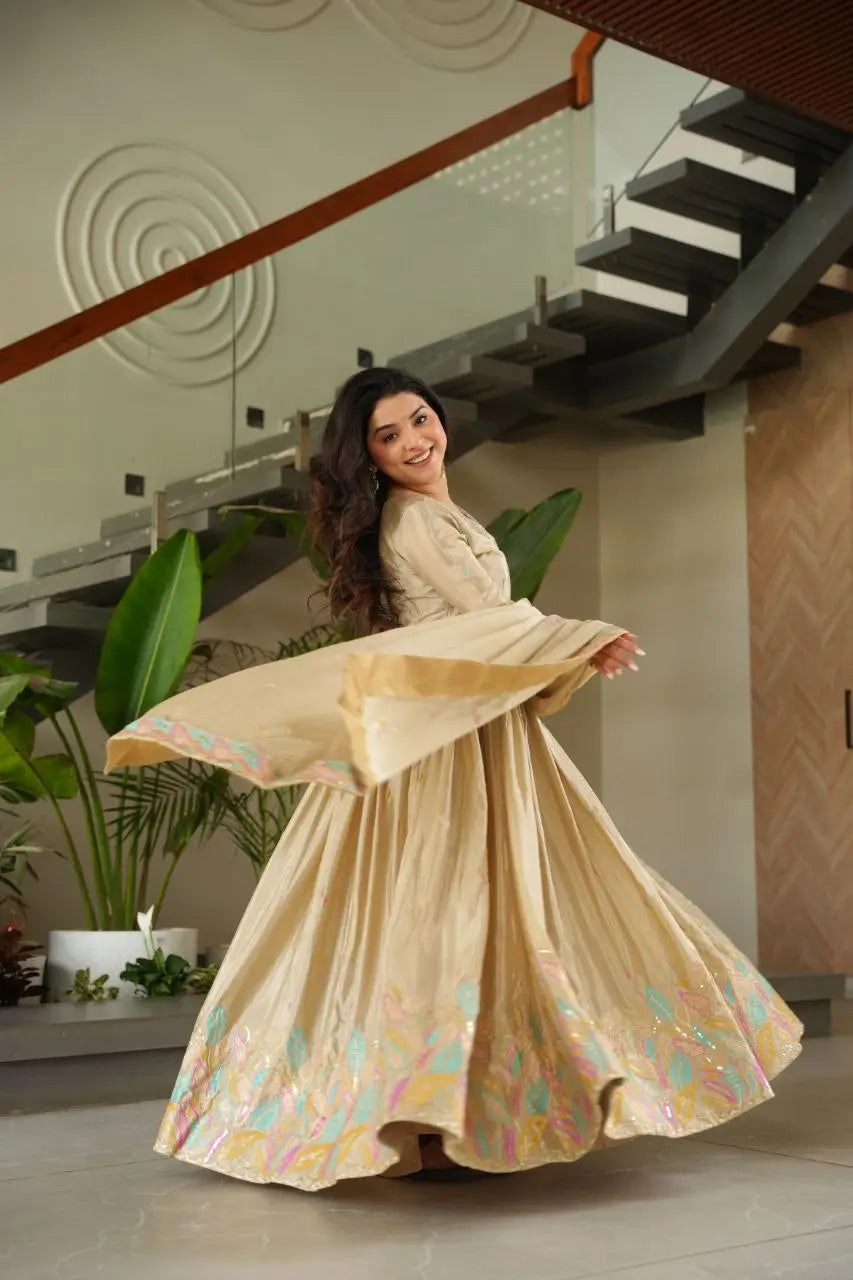 Chinnon Embroidered Gown with Dupatta | Sequins & Multi-Thread Work | Wedding & Festive Wear