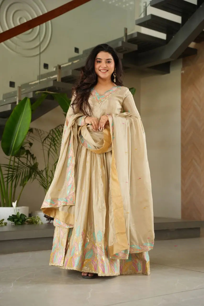 Chinnon Embroidered Gown with Dupatta | Sequins & Multi-Thread Work | Wedding & Festive Wear