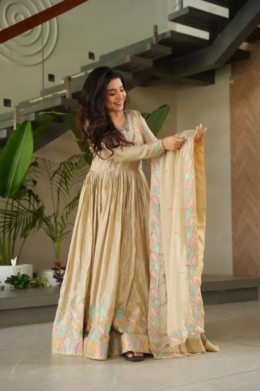 Chinnon Embroidered Gown with Dupatta | Sequins & Multi-Thread Work | Wedding & Festive Wear