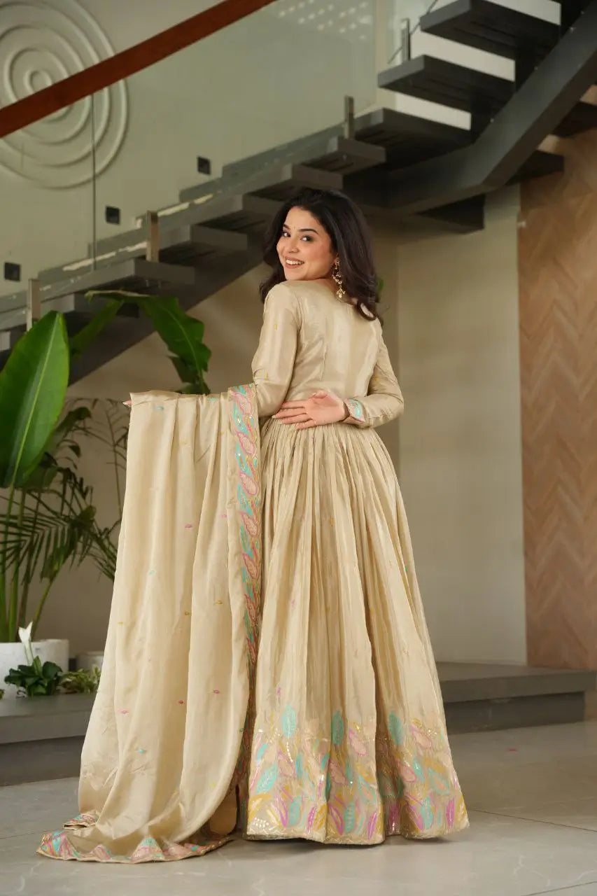 Chinnon Embroidered Gown with Dupatta | Sequins & Multi-Thread Work | Wedding & Festive Wear