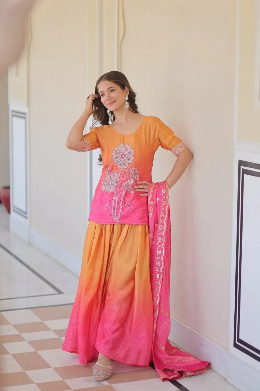 Chinnon Print Kurti with Beads Embroidery, Matching Bottom & Tebby Silk Dupatta – 2 Colours