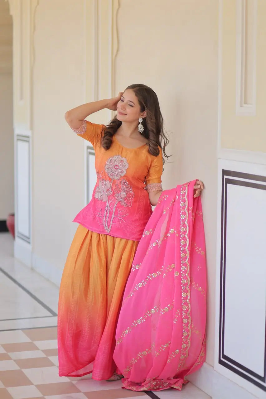 Chinnon Print Kurti with Beads Embroidery, Matching Bottom & Tebby Silk Dupatta – 2 Colours
