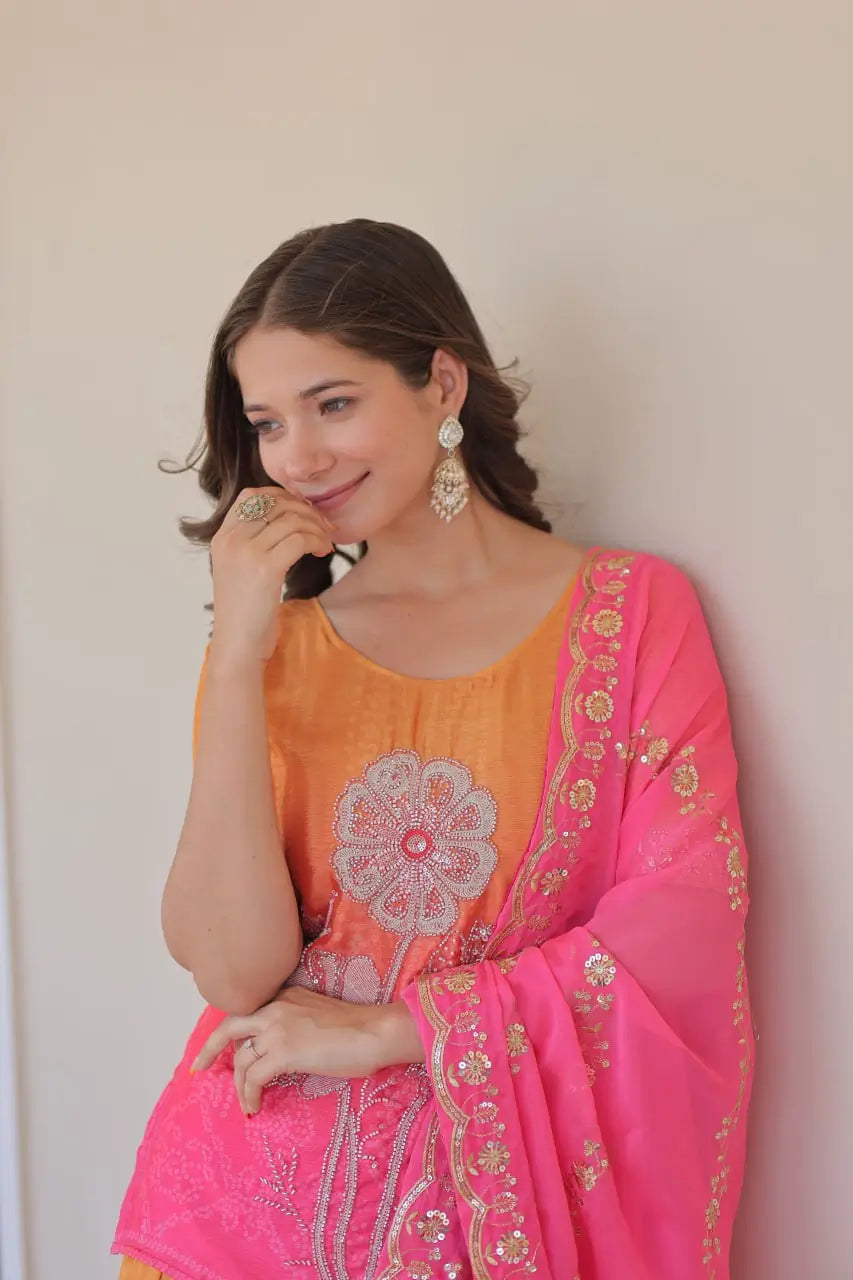 Chinnon Print Kurti with Beads Embroidery, Matching Bottom & Tebby Silk Dupatta – 2 Colours