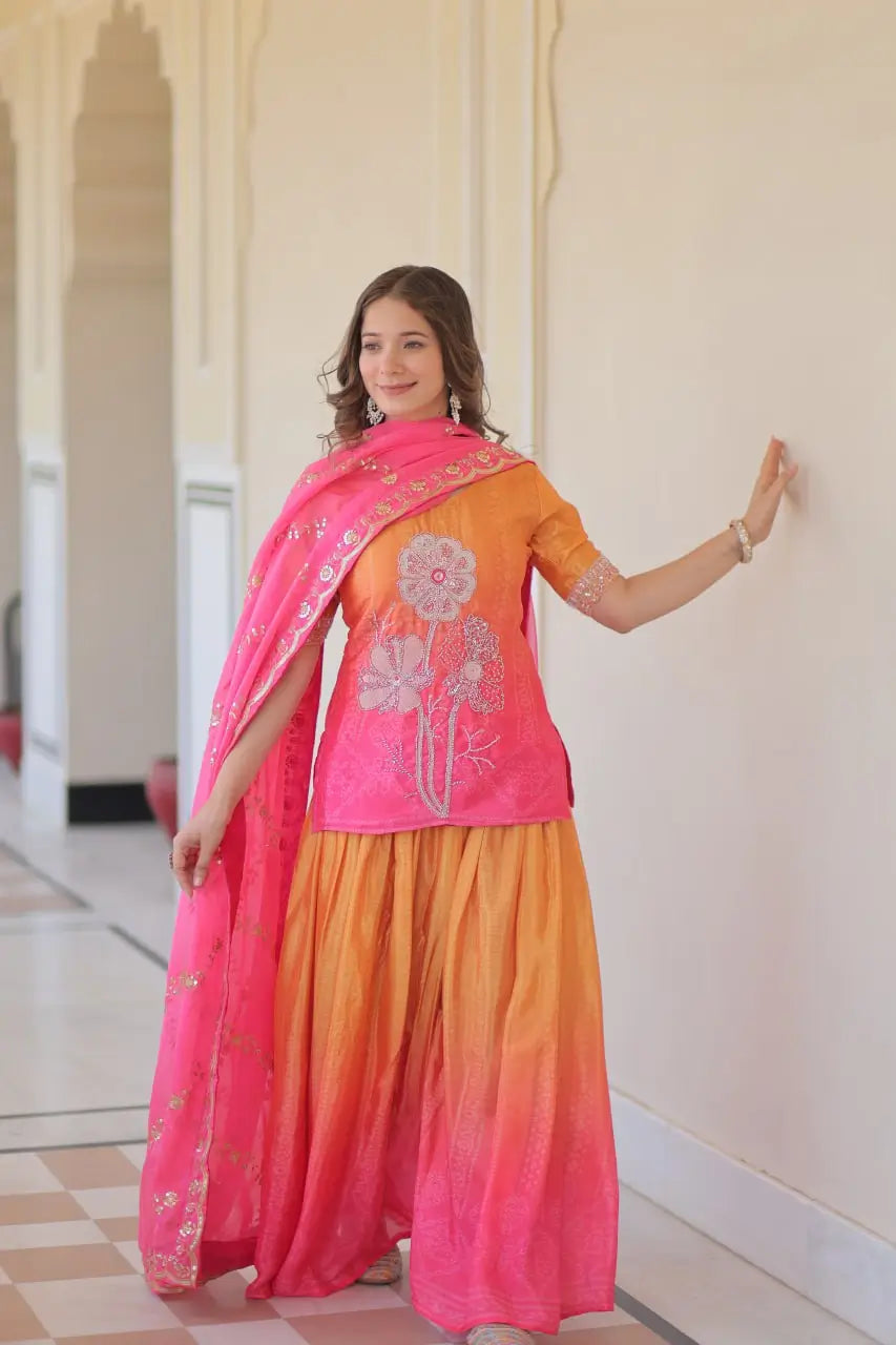 Chinnon Print Kurti with Beads Embroidery, Matching Bottom & Tebby Silk Dupatta – 2 Colours