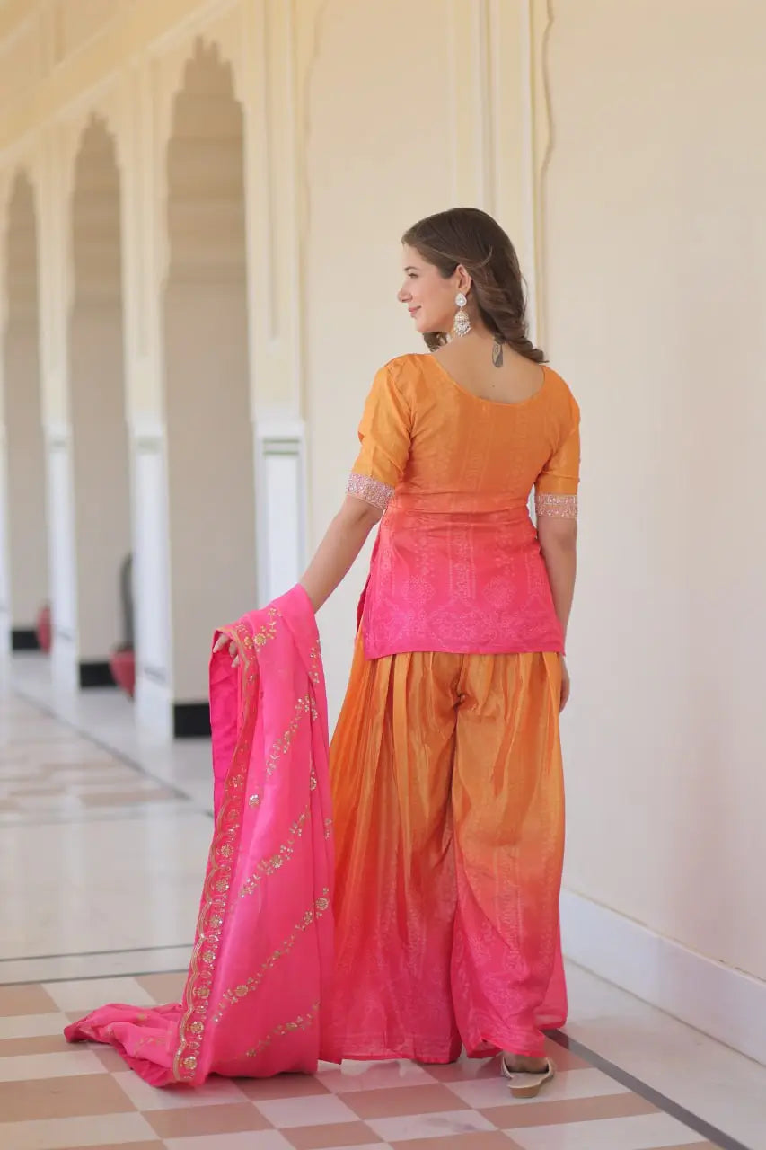 Chinnon Print Kurti with Beads Embroidery, Matching Bottom & Tebby Silk Dupatta – 2 Colours