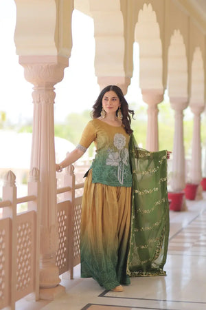 Chinnon Print Kurti with Beads Embroidery, Matching Bottom & Tebby Silk Dupatta – 2 Colours