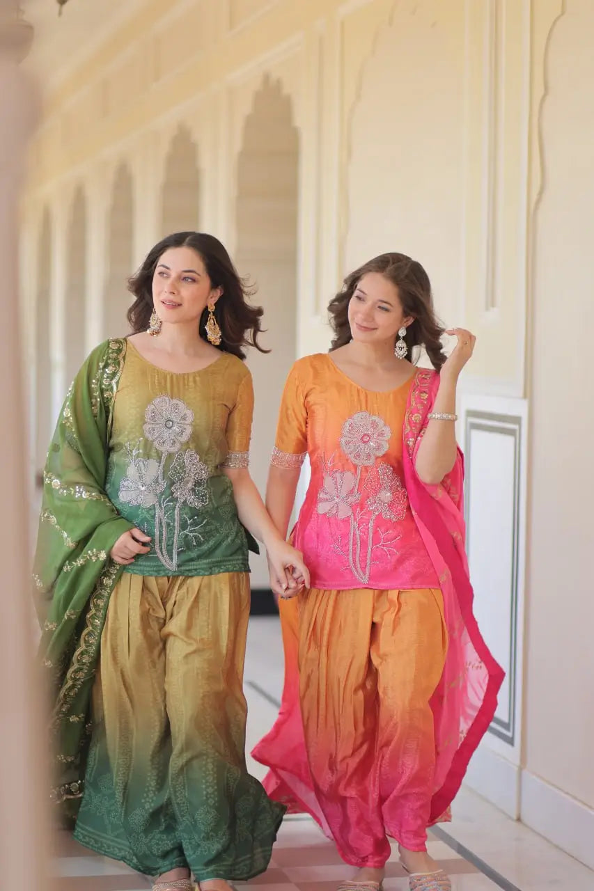 Chinnon Print Kurti with Beads Embroidery, Matching Bottom & Tebby Silk Dupatta – 2 Colours