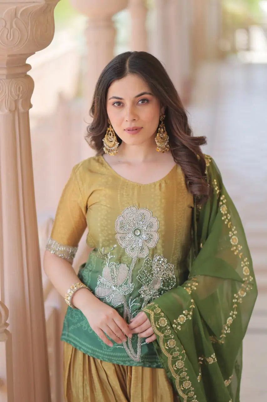 Chinnon Print Kurti with Beads Embroidery, Matching Bottom & Tebby Silk Dupatta – 2 Colours