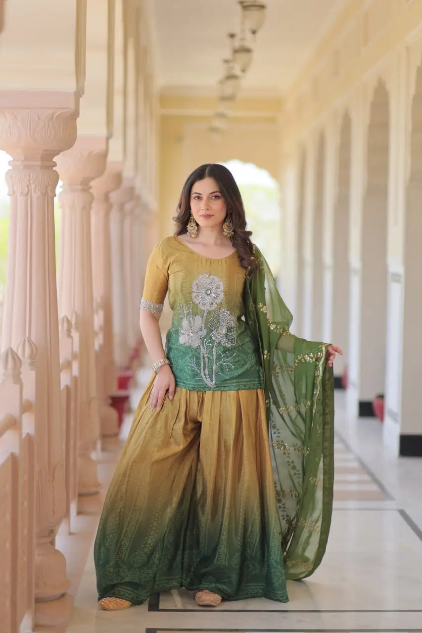 Chinnon Print Kurti with Beads Embroidery, Matching Bottom & Tebby Silk Dupatta – 2 Colours