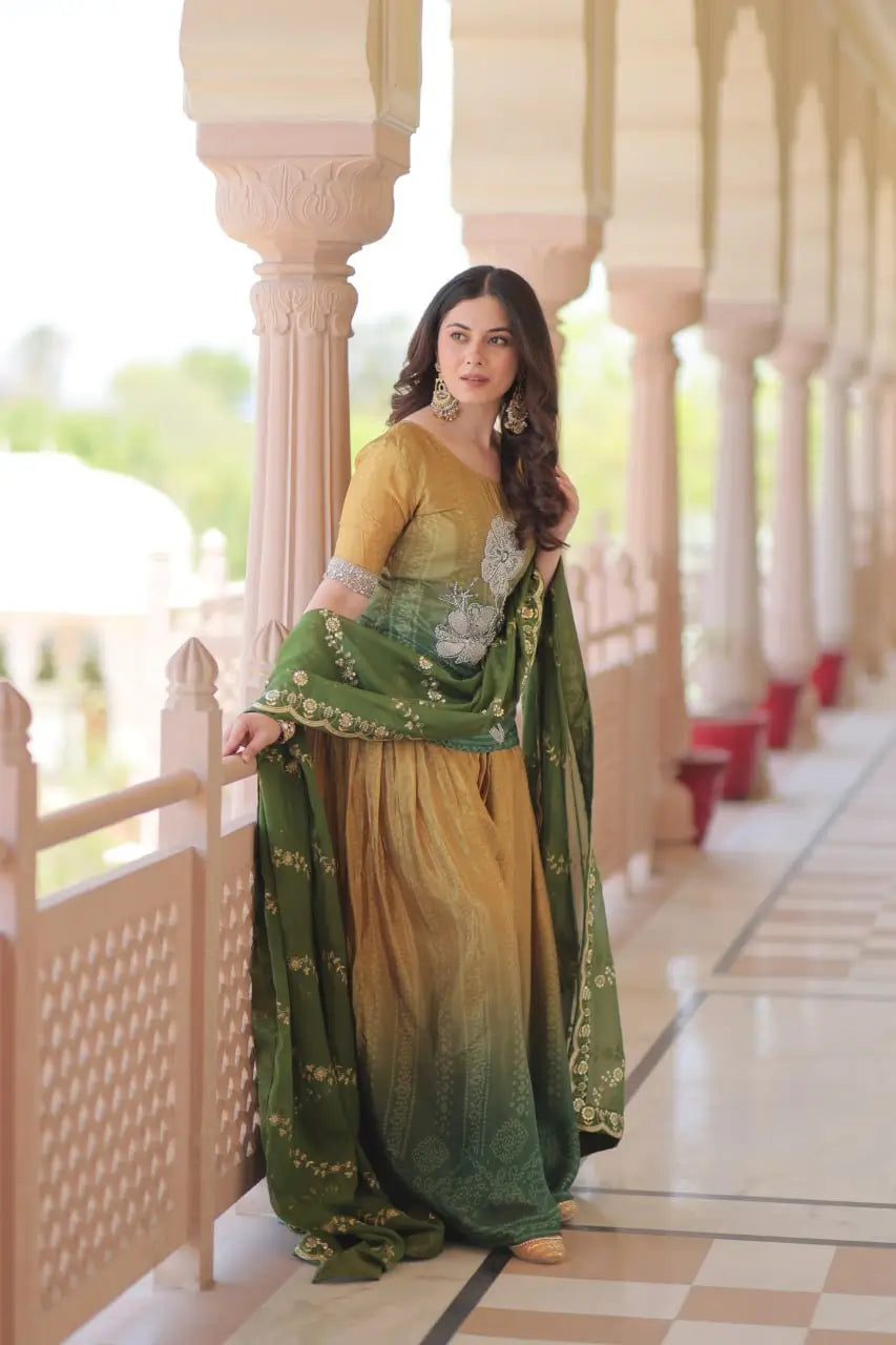 Chinnon Print Kurti with Beads Embroidery, Matching Bottom & Tebby Silk Dupatta – 2 Colours