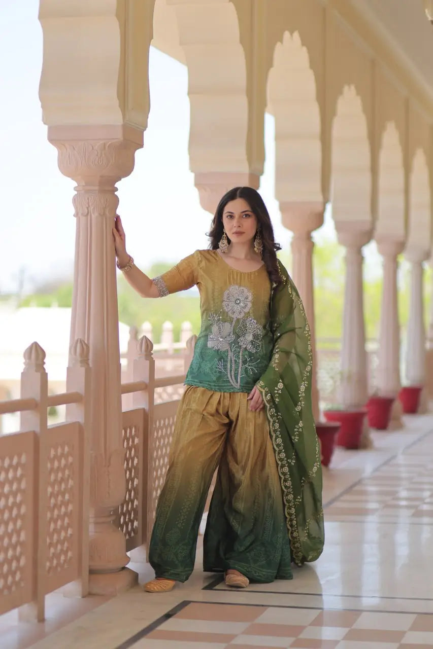 Chinnon Print Kurti with Beads Embroidery, Matching Bottom & Tebby Silk Dupatta – 2 Colours