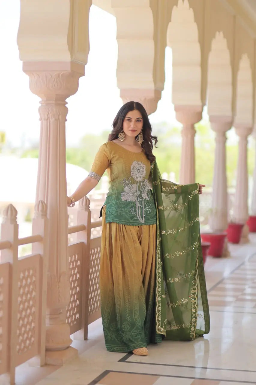 Chinnon Print Kurti with Beads Embroidery, Matching Bottom & Tebby Silk Dupatta – 2 Colours