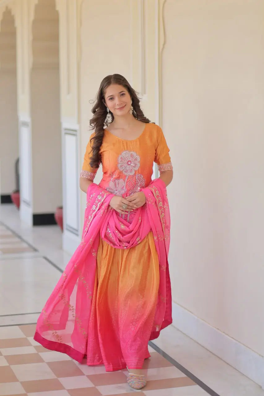 Chinnon Print Kurti with Beads Embroidery, Matching Bottom & Tebby Silk Dupatta – 2 Colours