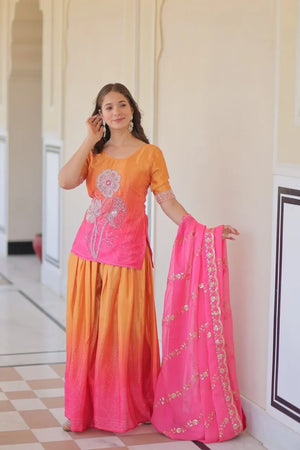 Chinnon Print Kurti with Beads Embroidery, Matching Bottom & Tebby Silk Dupatta – 2 Colours
