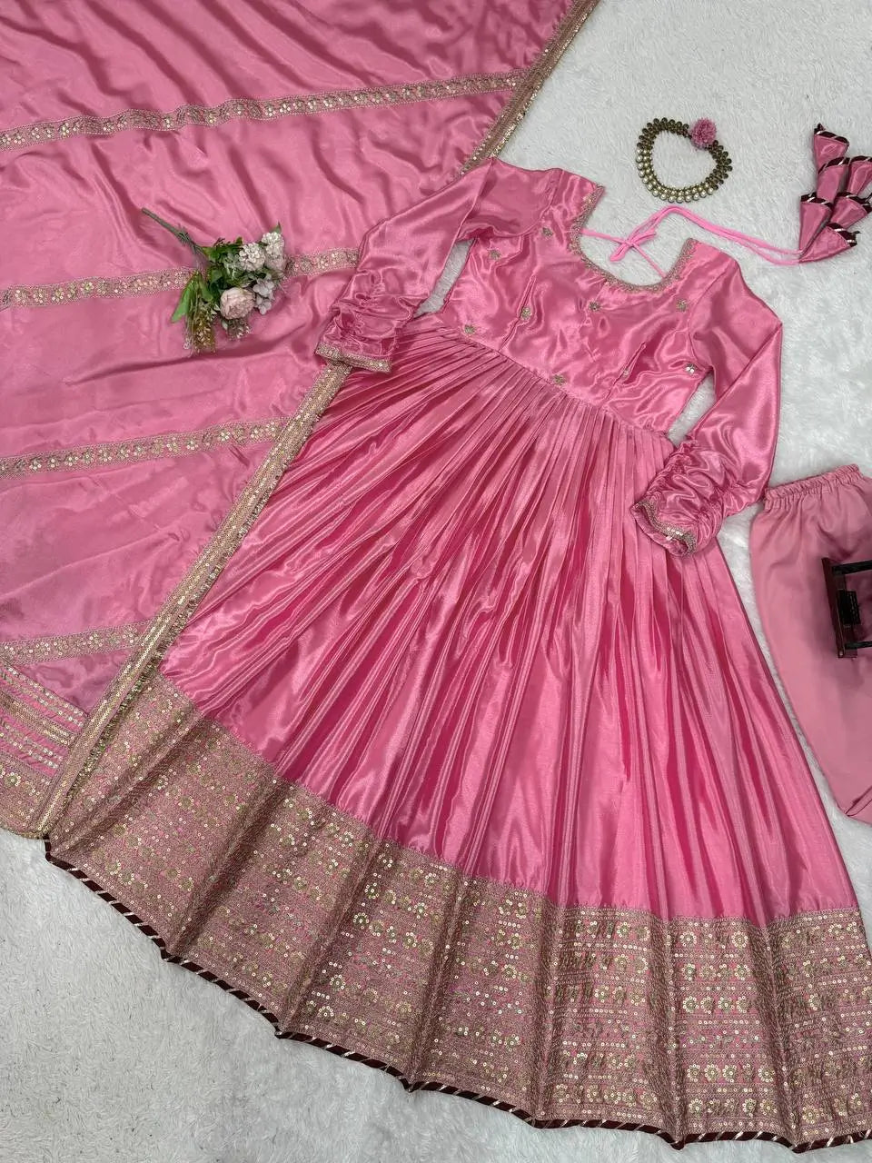 Chinon Anarkali Set with Thread & Sequin Work – Pink & White