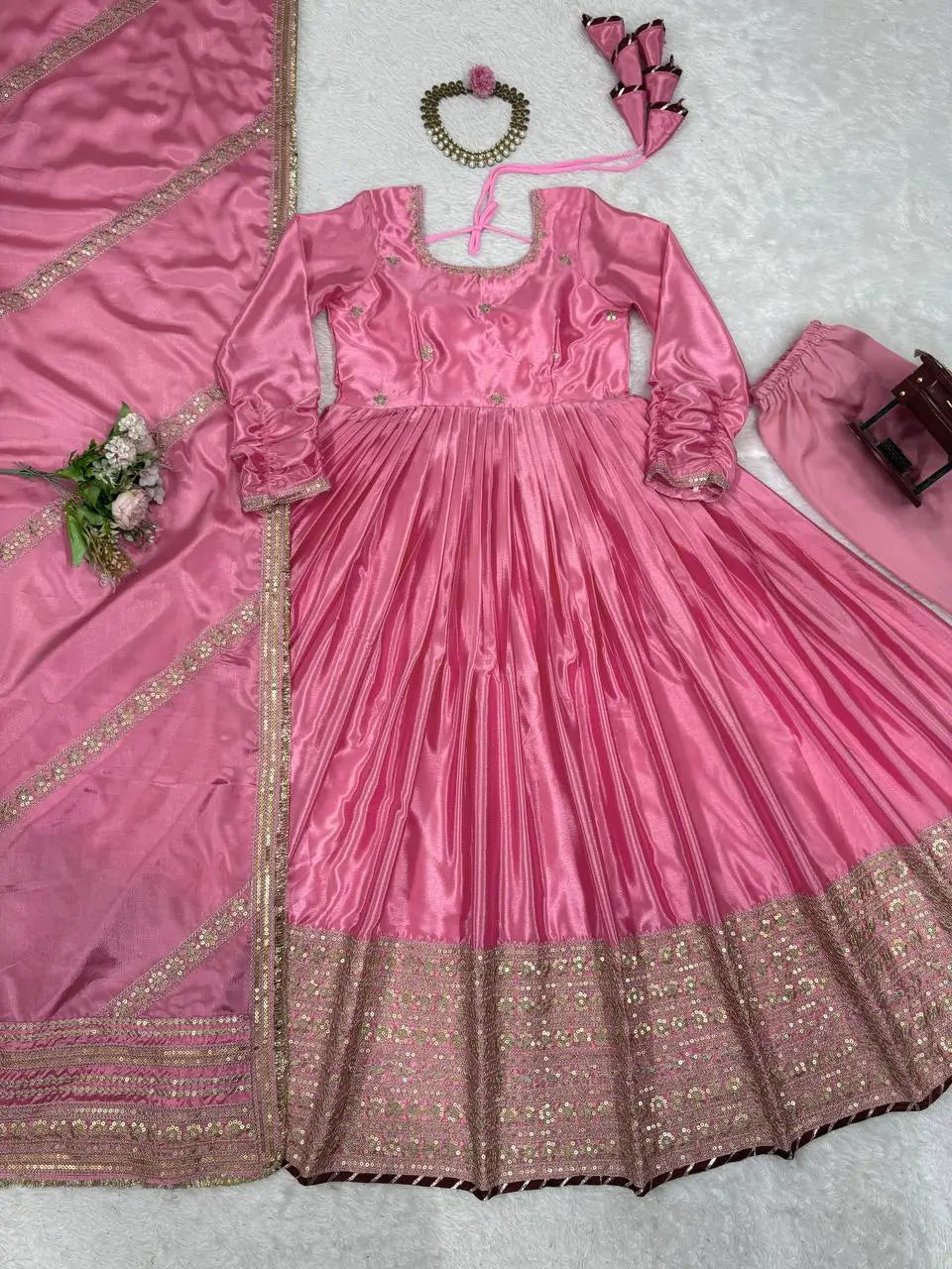 Chinon Anarkali Set with Thread & Sequin Work – Pink & White