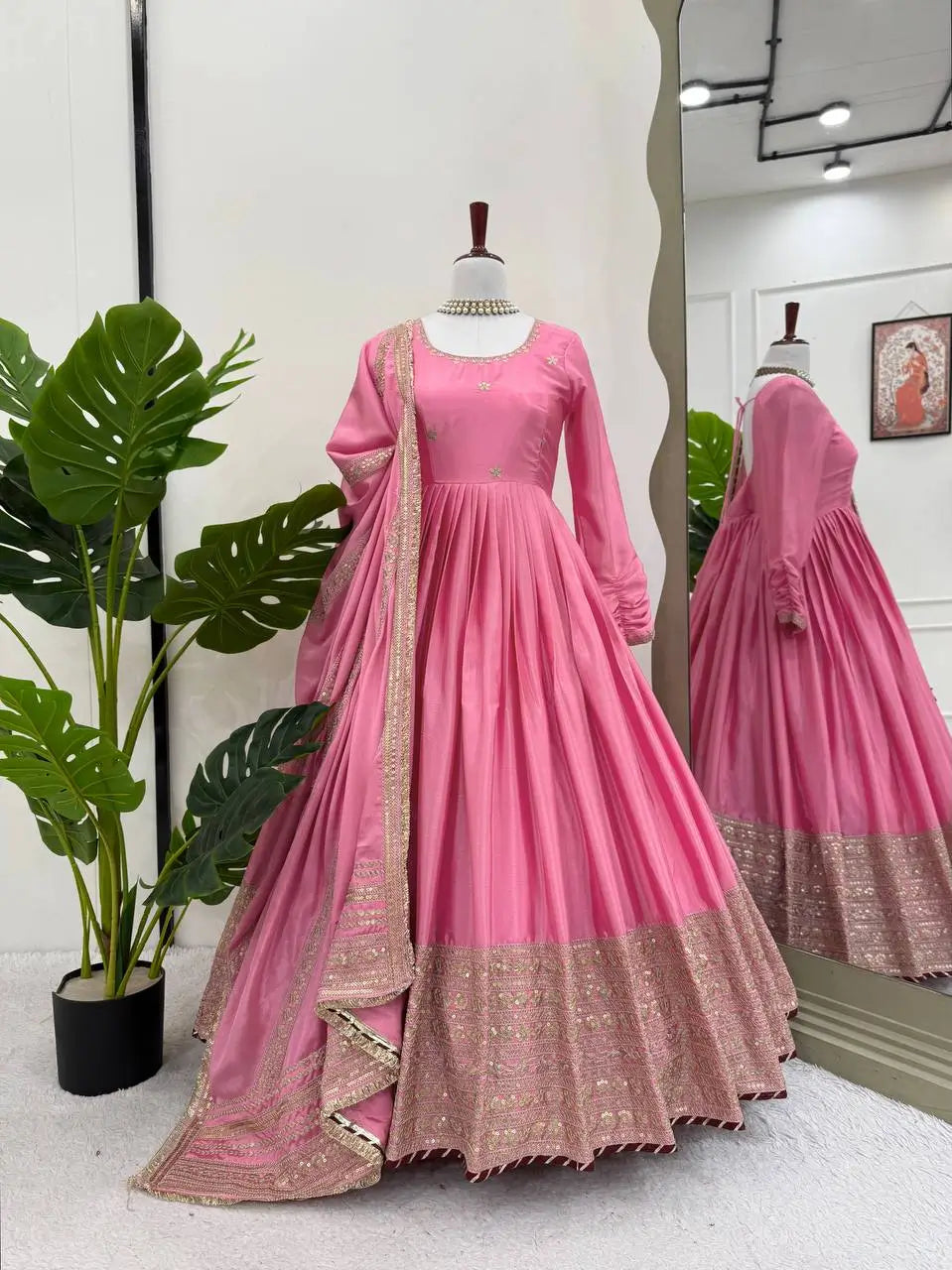Chinon Anarkali Set with Thread & Sequin Work – Pink & White