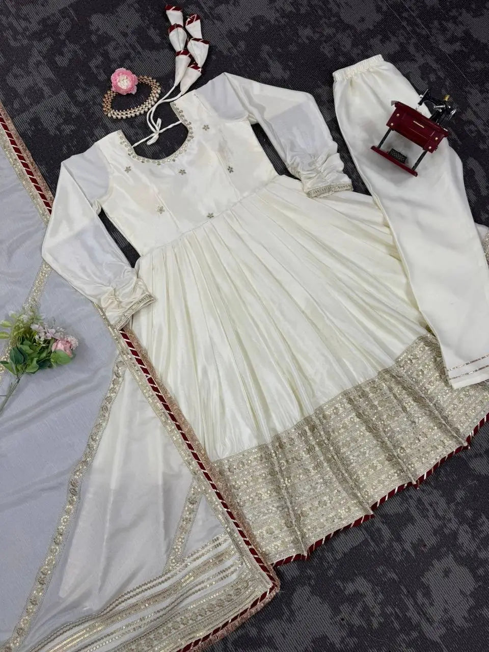 Chinon Anarkali Set with Thread & Sequin Work – Pink & White