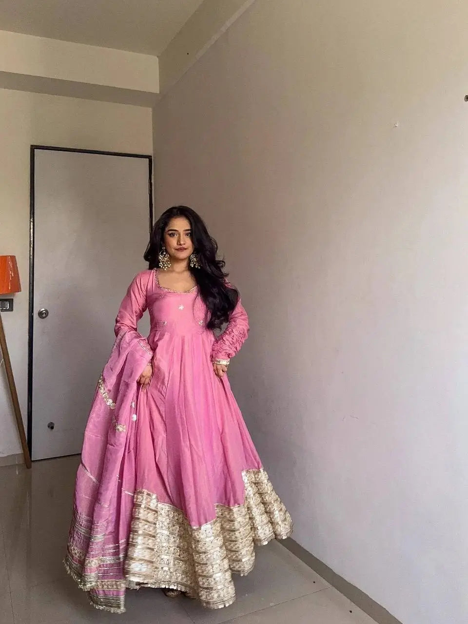 Chinon Anarkali Set with Thread & Sequin Work – Pink & White