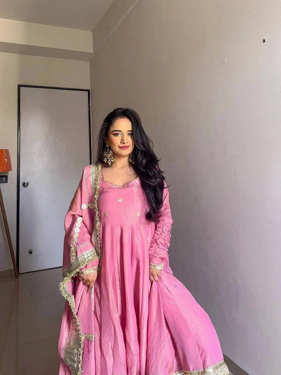 Chinon Anarkali Set with Thread & Sequin Work – Pink & White