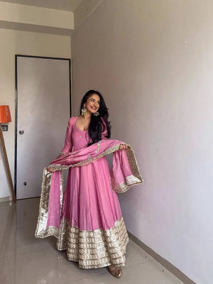 Chinon Anarkali Set with Thread & Sequin Work – Pink & White