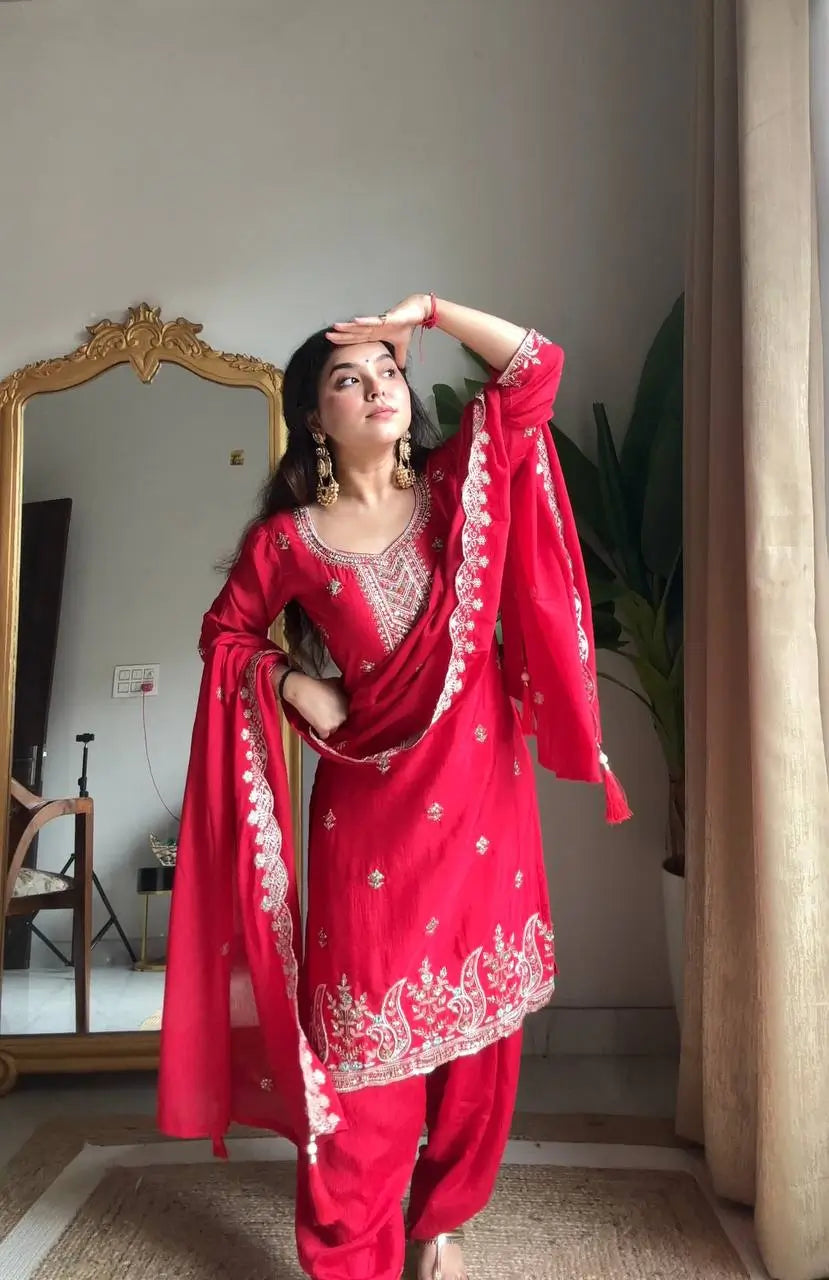 Chinon Beads and Sequence Embroidered Salwar Suit Set for Festive and Wedding Wear