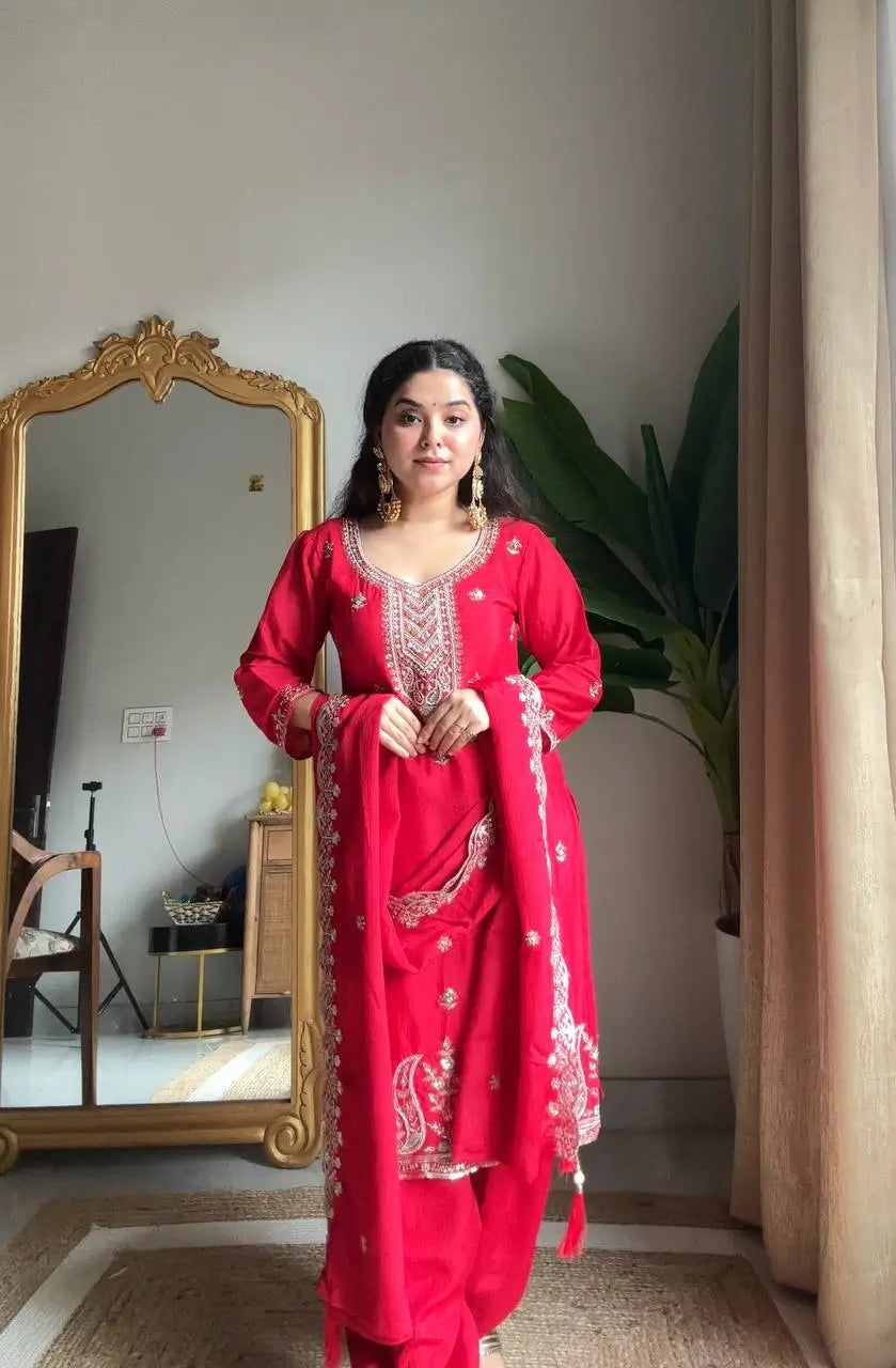 Chinon Beads and Sequence Embroidered Salwar Suit Set for Festive and Wedding Wear