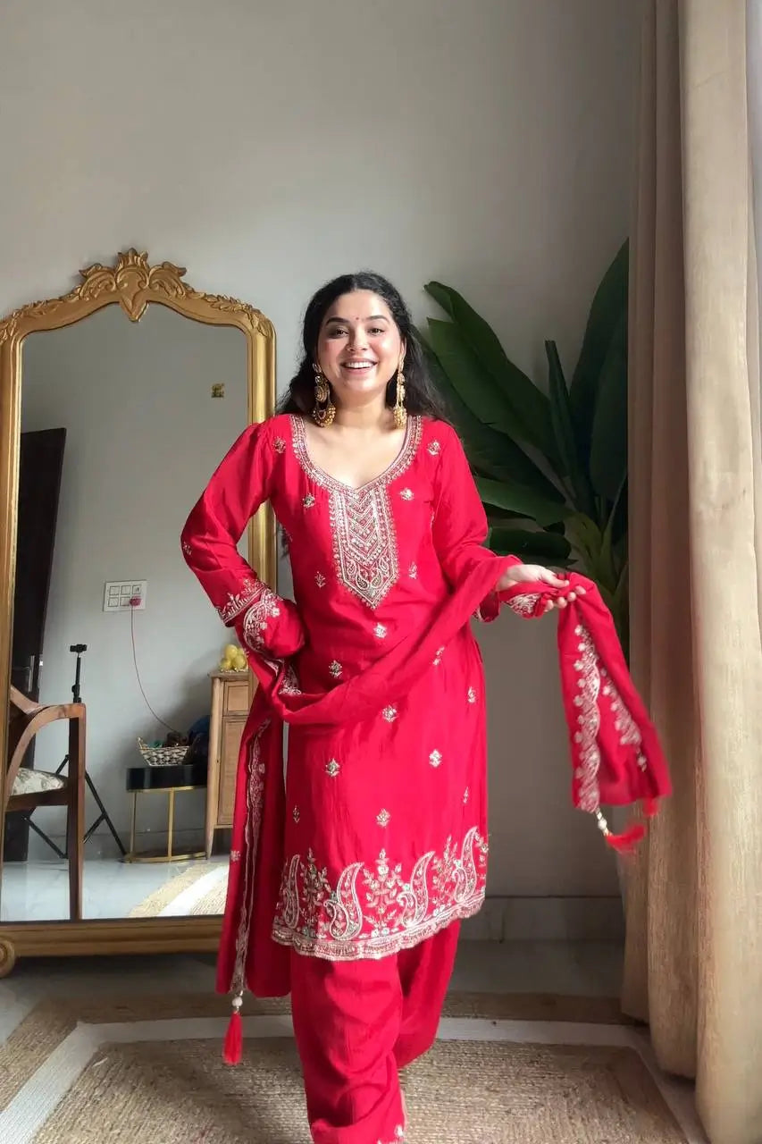 Chinon Beads and Sequence Embroidered Salwar Suit Set for Festive and Wedding Wear