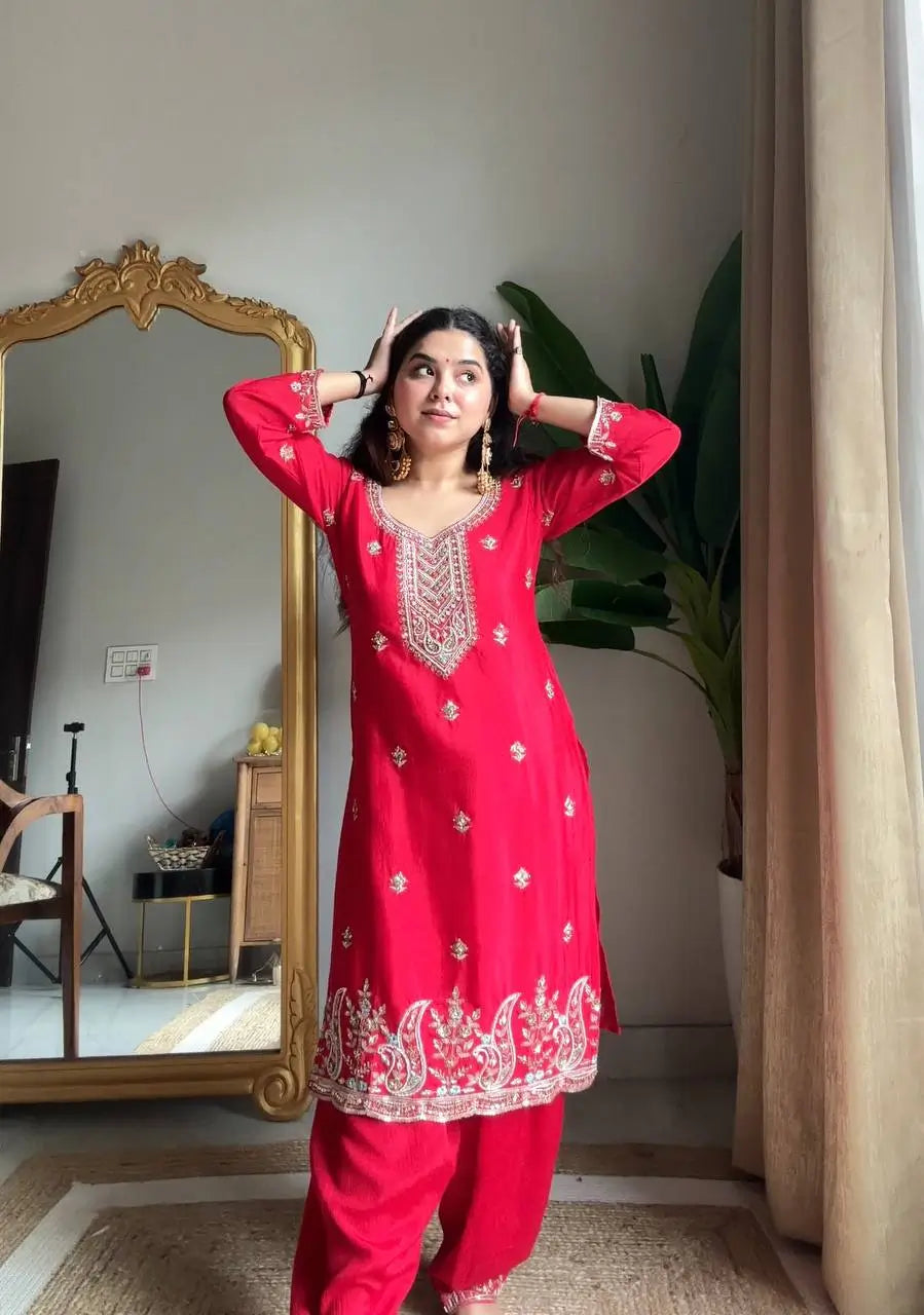 Chinon Beads and Sequence Embroidered Salwar Suit Set for Festive and Wedding Wear