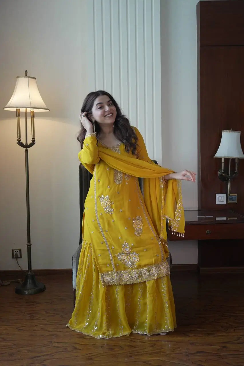Chinon Embroidered Kurti Sharara Set with Dupatta for Festive and Wedding Wear