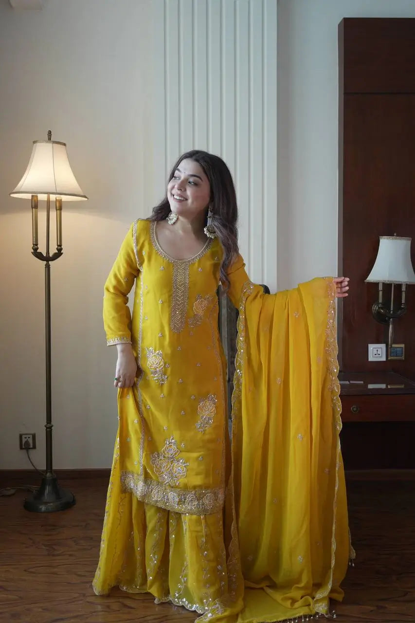 Chinon Embroidered Kurti Sharara Set with Dupatta for Festive and Wedding Wear