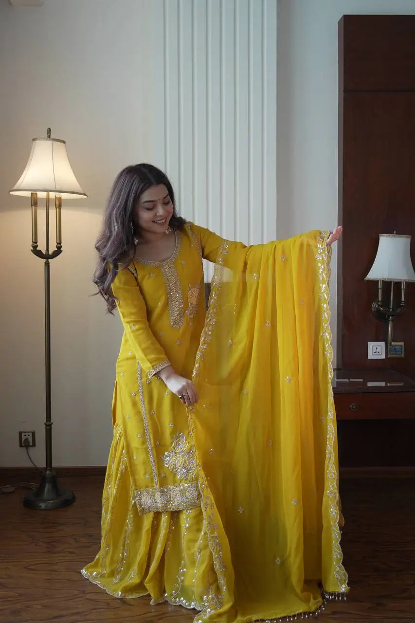Chinon Embroidered Kurti Sharara Set with Dupatta for Festive and Wedding Wear