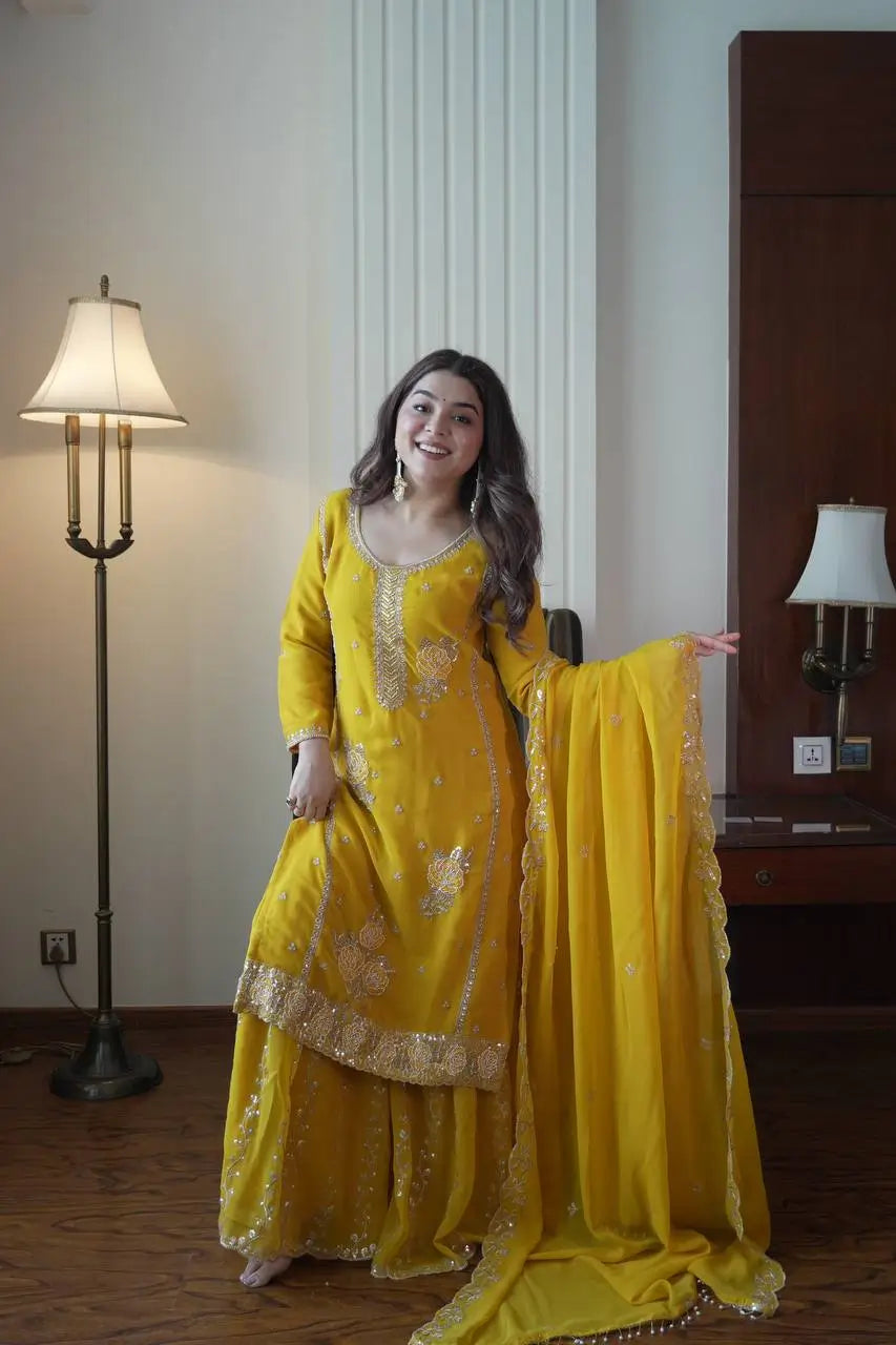 Chinon Embroidered Kurti Sharara Set with Dupatta for Festive and Wedding Wear