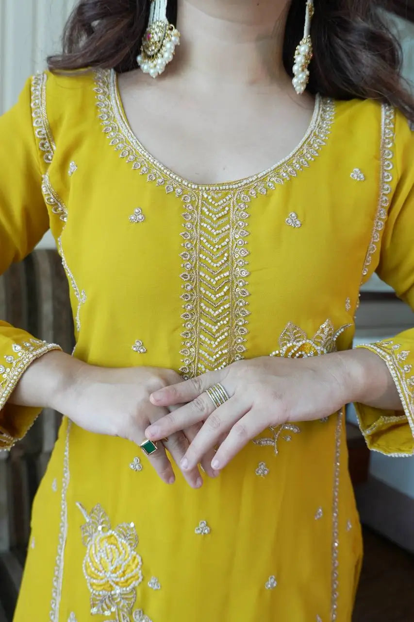 Chinon Embroidered Kurti Sharara Set with Dupatta for Festive and Wedding Wear