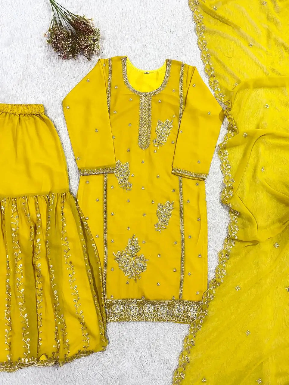 Chinon Embroidered Kurti Sharara Set with Dupatta for Festive and Wedding Wear