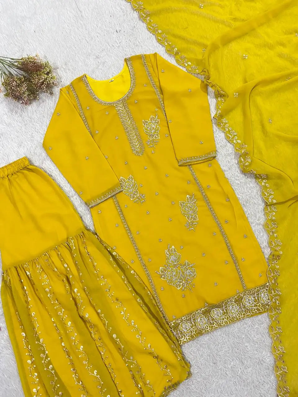 Chinon Embroidered Kurti Sharara Set with Dupatta for Festive and Wedding Wear