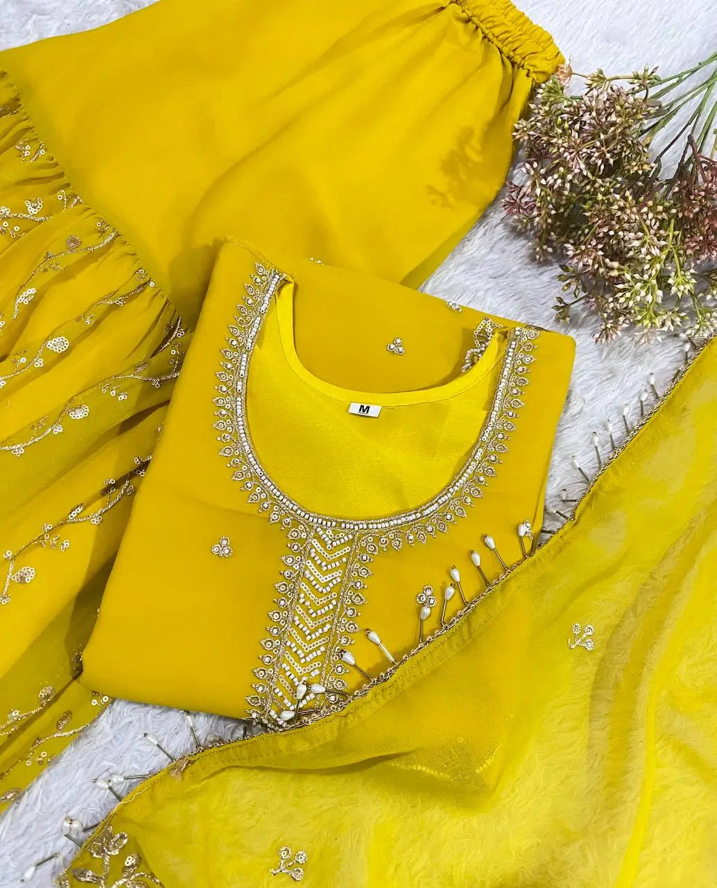 Chinon Embroidered Kurti Sharara Set with Dupatta for Festive and Wedding Wear