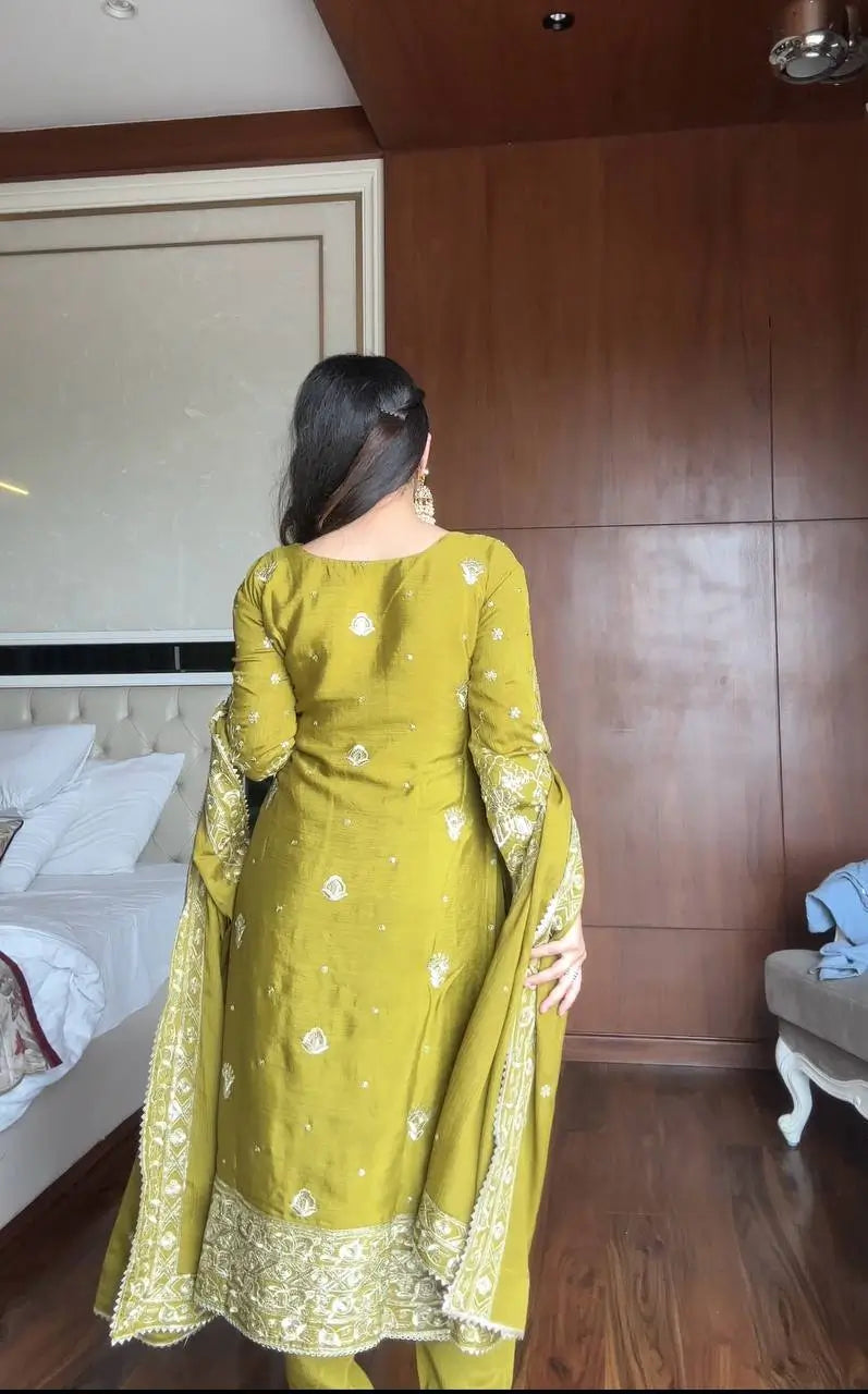 Chinon Embroidered Kurti Sharara Set with Dupatta for Festive and Wedding Wear