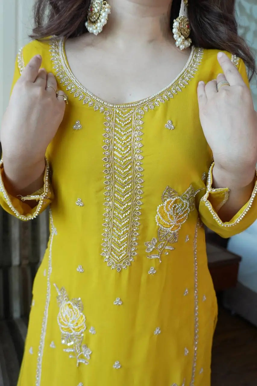 Chinon Embroidered Kurti Sharara Set with Dupatta for Festive and Wedding Wear