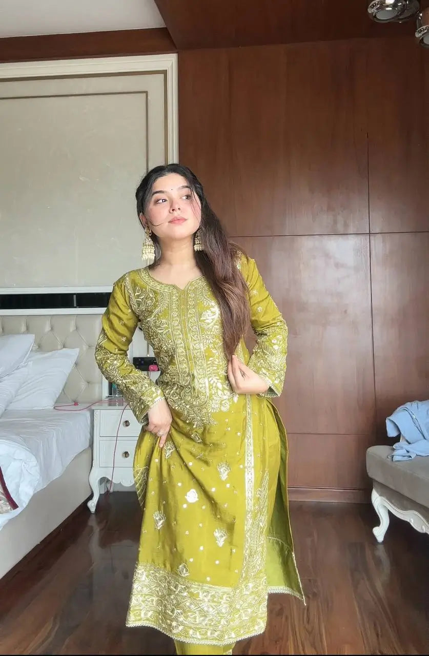 Chinon Embroidered Kurti Sharara Set with Dupatta for Festive and Wedding Wear